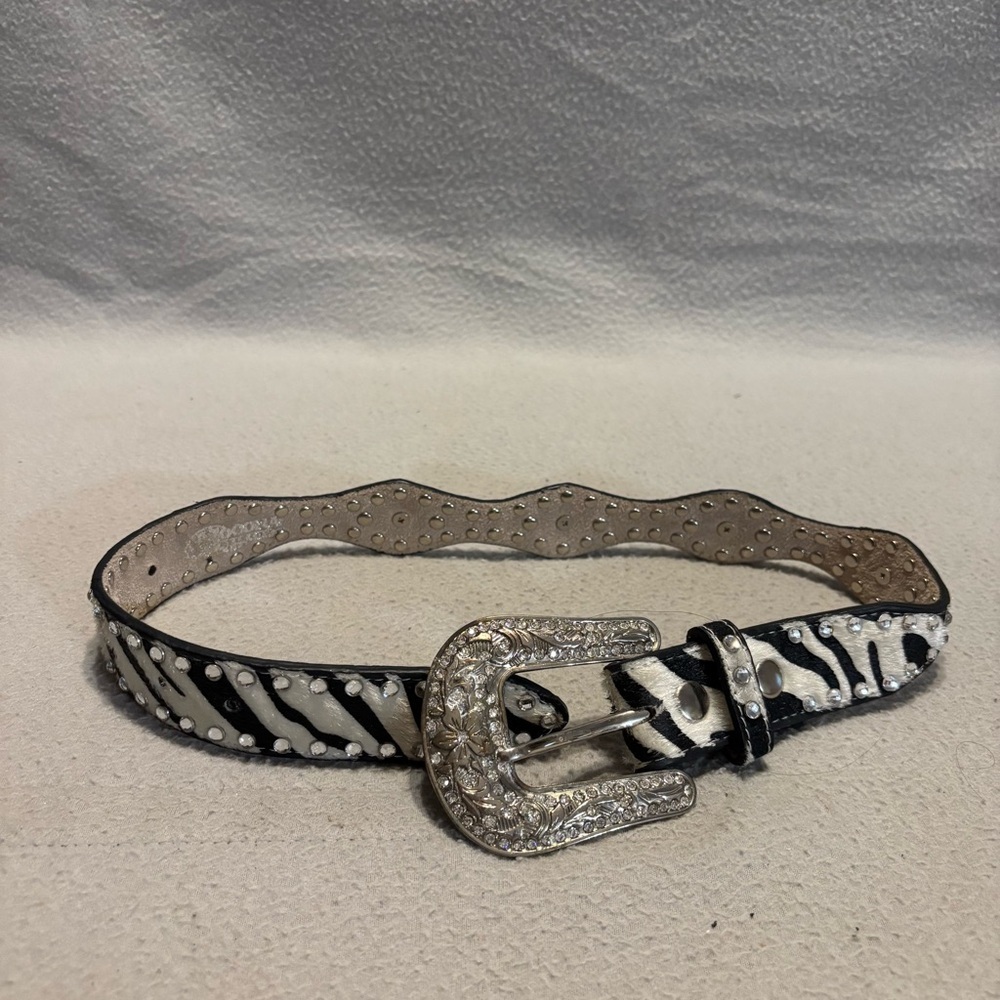 Nocona Western Belt Girls 20 Zebra Print Calf Hair Scalloped Edges Rhinestones